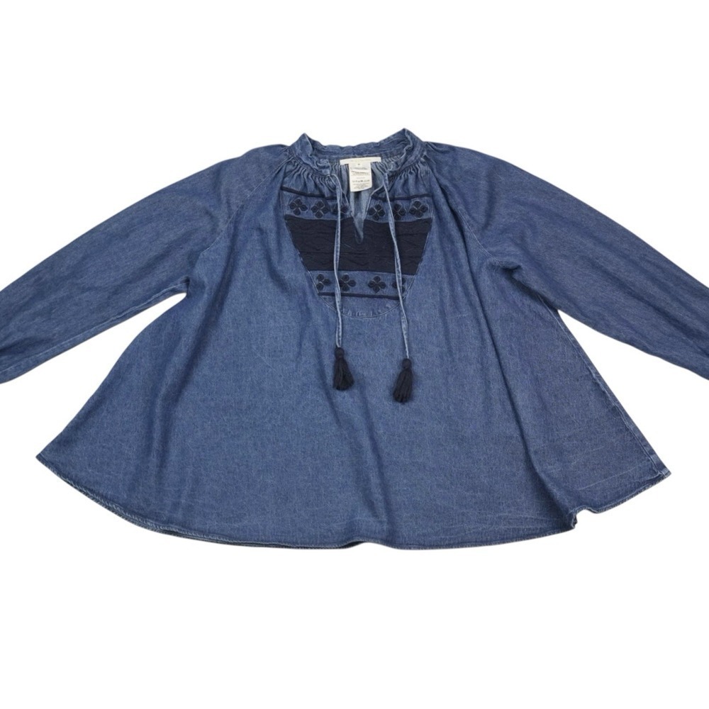 Anthropologie Ne Quittez Pas Sz M Hallie Chambray Embroidered Swing Peasant Top